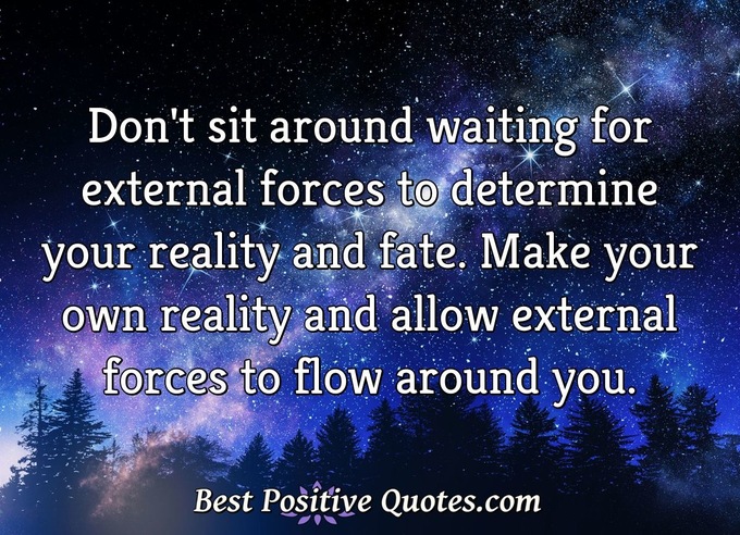 Don't sit around waiting for external forces to determine your reality and fate. Make your own reality and allow external forces to flow around you. - Anonymous