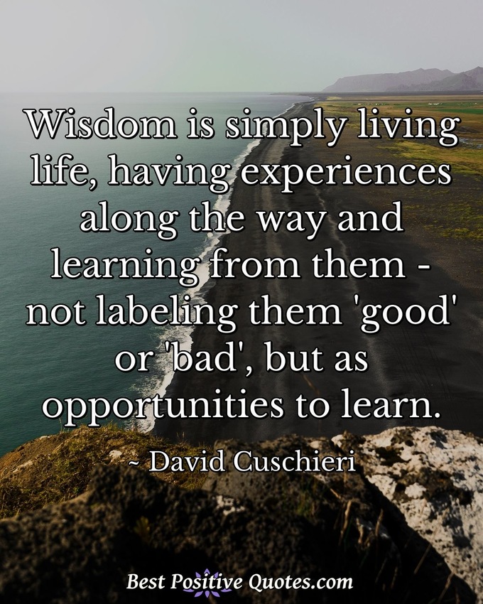 Wisdom is simply living life, having experiences along the way and learning from them - not labeling them 'good' or 'bad', but as opportunities to learn. - David Cuschieri